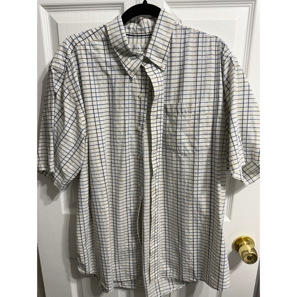Cutter & Buck Mens XL Short Sleeve Button Down Shirt Plaid Tattersall White Blue